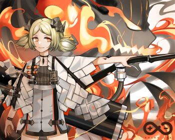 Rule 34 | 1girl, arknights, black choker, blonde hair, breasts, canister, chinese commentary, choker, closed mouth, coat, cowboy shot, demon, demon horns, doc.chen, english text, female focus, fire, flamethrower, gas tank, high-waist skirt, holding, holding flamethrower, holding weapon, horns, ifrit (arknights), jewelry, lips, looking to the side, material growth, medium hair, necklace, orange eyes, oripathy lesion (arknights), outstretched arm, parted bangs, rhine lab logo, skirt, small breasts, smile, solo, spirit, striped, thighs, twintails, vertical stripes, weapon, white coat, white skirt