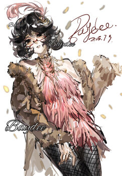 1girl bare_shoulders baydee black_eyes black_hair black_pantyhose brown_coat brown_jacket coat cowboy_shot dated dress feather_hair_ornament feathers fishnet_pantyhose fishnets fur_coat fur_trim glasses hair_ornament highres identity_v jacket jewelry long_sleeves looking_at_viewer margaretha_zelle necklace off_shoulder pantyhose parted_lips pink_dress procreate_(medium) red-framed_eyewear semi-rimless_eyewear short_hair simple_background solo wavy_hair white_background