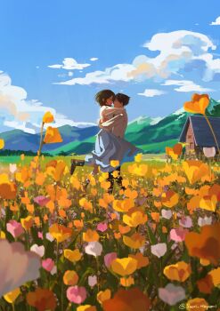 1boy 1girl arms_around_neck black_hair blue_skirt blue_sky boots brown_footwear cabin cloud cloudy_sky couple eren_yeager field flower flower_field hetero highres hug long_skirt looking_at_another mikasa_ackerman open_mouth outdoors pink_flower red_scarf saori_hayami scarf shingeki_no_kyojin shirt short_hair skirt sky smile socks white_flower white_shirt white_socks yellow_flower