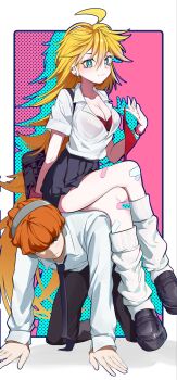 1boy 1girl alternate_breast_size_(larger) bag bandages blonde_hair blue_eyes bra bracelet breasts brief_(psg) cleavage couple earrings freckles green_eyes hair_over_eyes headphones hetero highres human_chair human_furniture jewelry kneehighs legs long_hair looking_at_viewer necktie orange_hair panty_&amp;_stocking_with_garterbelt panty_(psg) red_bra school_uniform shoes sitting sitting_on_person skirt smile socks underwear uuunagidon