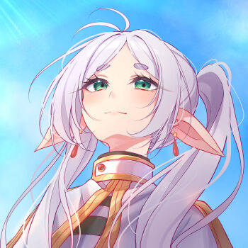 1girl absurdres blush cape closed_mouth double-parted_bangs earrings elf frieren from_below green_eyes highres jewelry long_hair meme midori_(midori13579) pointy_ears shirt sidelocks smile solo sousou_no_frieren twintails upward_angle_frieren_drawing_(meme) white_cape white_hair white_shirt