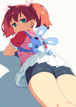 1girl artist_name ass backpack bag bike_shorts bike_shorts_under_skirt black_shorts blue_gloves brown_hair from_behind gloves green_eyes half-closed_eyes highres jacket kneepits long_hair looking_at_viewer looking_back lying miniskirt om_(nk2007) on_stomach parted_lips pink_jacket pleated_skirt ribbon saru_getchu sayaka_(saru_getchu) seductive_gaze short_sleeves shorts shorts_under_skirt skirt solo source_request stuffed_animal stuffed_toy the_pose thighs twintails white_skirt