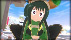 1boy 1girl 3d animated asui_tsuyu asui_tsuyu_(hero_outfit) blue_sky boku_no_hero_academia clothed_sex cowgirl_position girl_on_top green_hair heart heart-shaped_pupils hetero highres looking_at_viewer mephisto_jones moaning nsfw_sonia_va opennsfwsp outdoors pov rouge_nine sex sky sound spread_legs straddling symbol-shaped_pupils tagme torn_clothes vaginal video