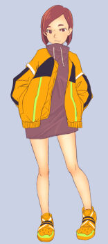 1girl :3 bob_cut brown_dress brown_eyes brown_hair closed_mouth commentary crocs drawstring dress eizouken_ni_wa_te_wo_dasu_na! full_body grey_background hands_in_pockets high_collar jacket jj_(ssspulse) light_smile mizusaki_tsubame open_clothes open_jacket shoes short_dress short_hair simple_background smile solo standing swept_bangs thick_eyebrows yellow_jacket yellow_shoes