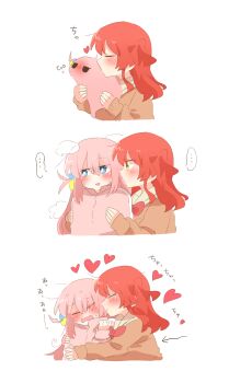 2girls averting_eyes blue_eyes blush bocchi_the_rock! bow bowtie brown_shirt closed_eyes commentary_request gotoh_hitori gotoh_hitori_(tsuchinoko) hair_wagging head_steam heart highres hug_from_side jacket kita_ikuyo long_hair multiple_girls one_side_up pink_hair pink_jacket rebecca_(keinelove) red_bow red_bowtie red_hair shirt sideways_glance sweat transformation yellow_eyes yuri