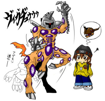 agumon annoyed centalmon chain claws digimon digimon_(creature) evolution greymon hat looking_at_another mameo_(digimon)