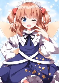 1girl ;d black_ribbon blue_dress blue_eyes blush commentary_request completion_time cosplay cowboy_shot dress fairy_wings frilled_dress frills hair_ribbon hand_up highres long_sleeves looking_at_viewer medium_hair neck_ribbon one_eye_closed open_mouth orange_hair print_dress red_ribbon ribbon ruu_(tksymkw) shirt smile solo star_(symbol) star_print star_sapphire star_sapphire_(cosplay) sunny_milk touhou two_side_up v white_shirt wide_sleeves wings