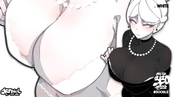 1girl absurdres artist_name black_dress bra breasts cleavage commentary covered_collarbone dress earrings english_commentary floating_earrings hair_bun hand_up highres jewelry jrpencil large_breasts looking_at_viewer multiple_views necklace original paid_reward_available parted_bangs parted_lips pearl_necklace ring short_hair simple_background single_hair_bun smile underwear white_background white_bra white_eyes white_hair