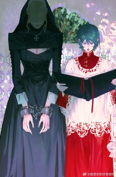 2girls black_dress blonde_hair blue_hair book bound bound_wrists breasts chain chained_wrists char_aznable cleavage cleavage_cutout clothing_cutout coif covered_eyes cross cross_necklace cuffs dress fingernails genderswap genderswap_(mtf) gundam handcuffs highres holding holding_book hood hood_up jewelry kamille_bidan long_sleeves looking_down multiple_girls necklace non-web_source nun open_book open_mouth pulppunk001 purple_eyes reading red_dress red_skirt robe shackles short_hair skirt standing traditional_nun wallpaper_(object) watermark weibo_username weibo_watermark zeta_gundam