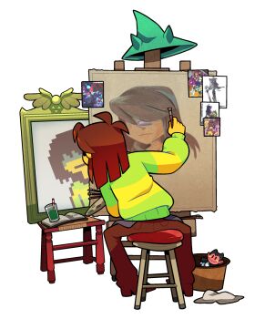 Rule 34 | 1other, akanemnon, antenna hair, brown hair, brown pants, colored skin, commentary, cup, deltarune, drinking glass, drinking straw, easel, english commentary, green sweater, highres, holding, holding paint palette, holding paintbrush, kris (dark world) (deltarune), kris (deltarune), long sleeves, looking at mirror, medium hair, mirror, on stool, paint palette, paintbrush, pants, short hair, simple background, sitting, solo, spread legs, stool, sweater, utdr (toby fox), white background, yellow skin