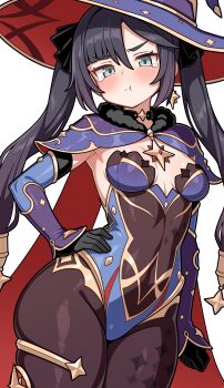 1girl absurdres black_hair breasts breasts_apart commentary_request genshin_impact gloves hat highres leotard medium_breasts mona_(genshin_impact) pantyhose pout shiguren_39 solo twintails witch_hat