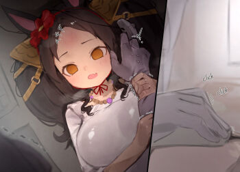 animal_ears breasts brown_hair computer_mouse empty_eyes fang flower forehead grabbing_another's_arm hair_flower hair_ornament horse_ears horse_girl jewelry large_breasts marvelous_sunday_(umamusume) necklace open_mouth shirt skin_fang sweat theflatfacadeds twintails umamusume white_shirt