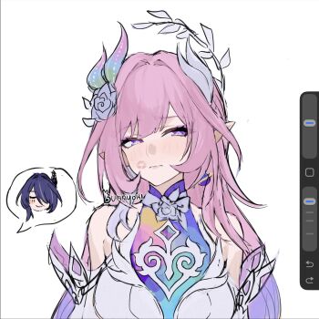 2girls acheron_(honkai:_star_rail) artist_name bare_shoulders bunnyoki commentary cyrene_(demiurge)_(honkai:_star_rail) cyrene_(honkai:_star_rail) dress english_commentary hair_ornament highres honkai:_star_rail honkai_(series) lipstick_mark long_hair looking_at_viewer multiple_girls pink_hair pointy_ears purple_eyes purple_hair signature simple_background unfinished upper_body very_long_hair white_background white_dress yuri