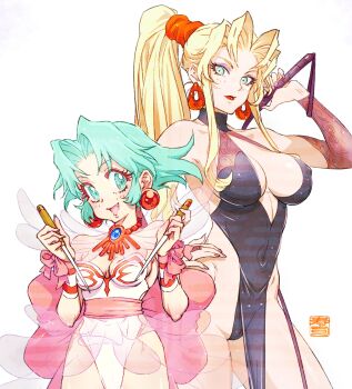 Rule 34 | 2girls, absurdres, aqua eyes, aqua hair, artist name, blonde hair, blue eyes, breasts, cleavage, closed mouth, commentary request, covered erect nipples, covered navel, detached collar, dress, dual wielding, earrings, ellis (toushinden), fingernails, halterneck, high ponytail, highleg, highleg leotard, highres, holding, holding weapon, jewelry, kotobuki tsukasa, large breasts, leotard, lips, long hair, looking at viewer, makeup, multiple girls, nail polish, open mouth, parted bangs, pelvic curtain, ponytail, reverse grip, see-through clothes, short hair, sidelocks, signature, simple background, sleeveless, smile, sofia (toushinden), strapless, strapless leotard, toushinden, weapon, whip, white leotard, wrist cuffs