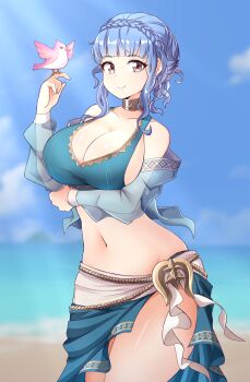 1girl arm_under_breasts bare_shoulders beach bikini bird bird_on_hand blue_bikini blue_hair blue_sky blurry blurry_background braid breasts brown_eyes cleavage closed_mouth cloud collarbone cowboy_shot crests_(fire_emblem) crown_braid detached_sleeves fire_emblem fire_emblem:_three_houses fire_emblem_heroes highres jarckius large_breasts looking_at_viewer marianne_von_edmund marianne_von_edmund_(summer) navel nintendo ocean official_alternate_costume outdoors pink_bird sarong see-through_clothes sidelocks sky smile solo standing swimsuit thighs