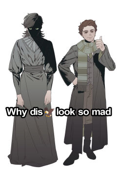 1boy 1girl black_robe brown_hair dress emoji eyes_in_shadow face_in_shadow freckles highres hogwarts_legacy hogwarts_school_uniform holding holding_wand huayv666 meme protagonist_(hogwarts_legacy) robe scarf school_uniform sebastian_sallow shaded_face slytherin striped_clothes striped_scarf wand why_dis_ninja_look_so_mad_(meme) wizarding_world