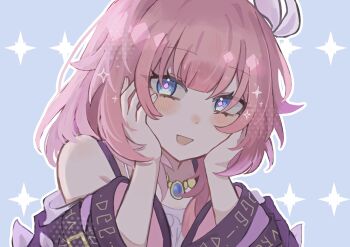 1girl bare_shoulders blue_background blue_eyes coat cyrene_(aedes_elysiae)_(honkai:_star_rail) cyrene_(honkai:_star_rail) dress hair_ornament hashtag-only_commentary highres honkai:_star_rail honkai_(series) jewelry looking_at_viewer lualua288 necklace pink_hair purple_coat short_hair smile solo white_dress