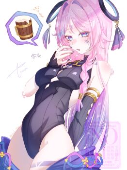 1girl absurdres bare_shoulders black_leotard blue_eyes blush braid breasts citlali_(genshin_impact) clothing_cutout commentary facial_mark feathers floating_headgear forehead_mark genshin_impact glove_cutout headgear heattech_leotard highres leotard li_lll_il long_hair looking_at_viewer multicolored_hair open_mouth pink_feathers pink_hair pink_pupils purple_feathers purple_sarong ring_hair_ornament sarong solo symbol-only_commentary tankard thigh_marking triangle triangle_facial_mark turtleneck twin_braids