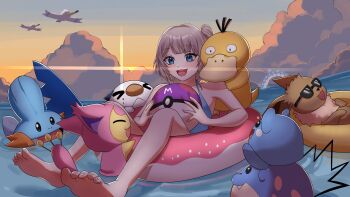 1girl absurdres azumarill ball barefoot beachball bird blue_eyes cloud cloudy_sky commentary crossover eevee english_commentary facing_viewer feet floating flying from_side full_body gen_1_pokemon gen_2_pokemon gen_3_pokemon gen_5_pokemon grey_hair gyarados highres innertube looking_at_object marill marimari_(vtuber) mudkip nintendo ocean on_innertube oshawott phase_connect poke_ball pokemon pokemon_(creature) psyduck side_ponytail skitty sky soles sunset swim_ring swimsuit veynauna virtual_youtuber wingull