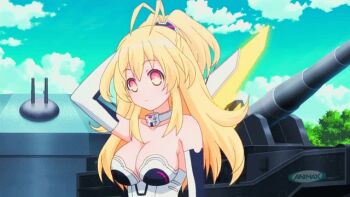 10s 1girl animated animated_gif blonde_hair bouncing_breasts breasts cleavage female_focus large_breasts long_hair neptune_(series) pish solo symbol-shaped_pupils yellow_heart_(neptunia)