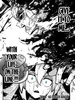 2girls aura blue_eyes blue_lock carrot carrot_hamburger_steak dark_aura english_text eye_trail food greyscale hair_between_eyes hair_ornament hairband hamburger_steak headband highres horse_girl light_trail long_hair monochrome multiple_girls nervous_sweating oguri_cap_(umamusume) open_mouth sakanaflyer scene_reference spot_color sweat tamamo_cross_(umamusume) teeth tongue tongue_out umamusume umamusume:_cinderella_gray