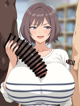 1girl 2boys absurdres bar_censor blurry blurry_background blush breasts brown_hair censored collarbone dark-skinned_male dark_skin gakuen_idolmaster girthy_penis hand_up handjob highres huge_breasts huge_penis humiliation idolmaster impossible_clothes indoors interracial long_sleeves medium_hair migikoba multiple_boys neo_asari open_mouth penis penis_size_difference purple_eyes shirt small_penis small_penis_humiliation testicles upper_body veins veiny_penis white_shirt