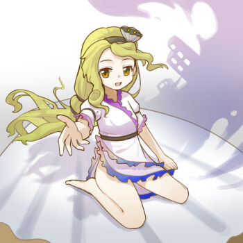 1girl barefoot black_hairband blonde_hair commentary dress edsky0309 frilled_sleeves frills hair_ornament hairband long_hair looking_at_viewer open_mouth orange_eyes reaching reaching_towards_another shell shell_hair_ornament side_slit sitting smile solo touhou very_long_hair watari_nina white_dress