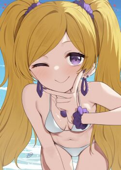 1girl beach bikini binsen blonde_hair blush breasts check_commentary closed_mouth commentary_request day emily_stewart fingernails hair_ornament hair_scrunchie heart highres idolmaster idolmaster_million_live! leaning_forward long_hair looking_at_viewer nail_polish navel one_eye_closed outdoors purple_eyes purple_nails purple_scrunchie scrunchie smile solo standing swimsuit twintails white_bikini wrist_scrunchie