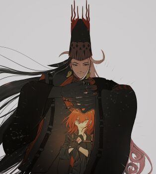 1boy 1girl absurdres ashiya_douman_(fate) ashiya_douman_(third_ascension)_(fate) asymmetrical_hair black_eyes black_gloves black_hair black_jacket black_skin colored_skin command_spell curly_hair earrings fate/grand_order fate_(series) fingernails fujimaru_ritsuka_(female) fujimaru_ritsuka_(female)_(polar_chaldea_uniform) gloves highres jacket japanese_clothes jewelry long_hair magatama magatama_earrings multicolored_hair orange_hair sharp_fingernails smile split-color_hair tatibna131 very_long_hair white_hair