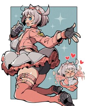 Rule 34 | 1girl, :d, black gloves, blue background, blue eyes, boots, breasts, choppy bangs, dress, elphelt valentine, fingerless gloves, frilled dress, frills, full body, gloves, grey dress, grey hair, guilty gear, guilty gear strive, hairband, highres, holding, holding microphone, itsuka neru, jacket, large breasts, long sleeves, looking at viewer, microphone, multiple views, music, open clothes, open jacket, open mouth, pink boots, pink hairband, pink jacket, short hair, singing, smile, spiked hairband, spikes, thigh boots