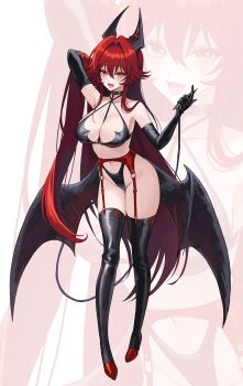1girl :d absurdres bare_shoulders black_choker black_gloves black_thighhighs blush breasts choker cleavage commentary_request demon_girl demon_horns demon_wings elbow_gloves full_body gloves goddess_of_victory:_nikke groin hair_between_eyes highres horns kyundoo large_breasts long_hair looking_at_viewer navel open_mouth red_hair red_hood_(nikke) smile solo thighhighs wings yellow_eyes zoom_layer