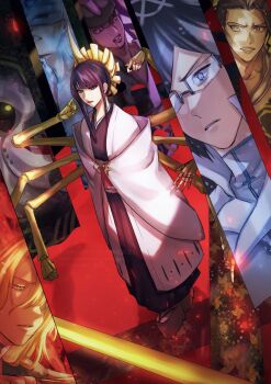 1046sstep_btoh 1girl 1other 5boys askin_nakk_le_vaar bankai black_eyes black_hair black_kimono bleach bleach:_sennen_kessen-hen blonde_hair brown_hair commentary_request curtains dark-skinned_male dark_skin extra_arms gerard_valkyrie glasses haori highres ishida_uryuu japanese_clothes jugram_haschwalth kimono lille_barro mask multiple_boys parted_lips pernida_parnkgjas platform_sandals red_lips sandals shutara_senjumaru sidelocks taichou_haori white_haori