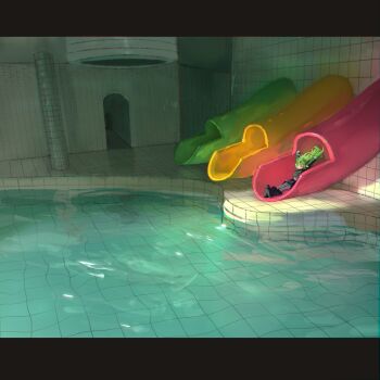 1girl absurdres arms_up backrooms_(creepypasta) black_shoes black_skirt blue_archive commentary dream_pool green_eyes green_hair green_halo halo highres hikari_(blue_archive) indoors letterboxed liminal_space long_hair medama_soft no_headwear pantyhose pillar pool scenery shoes skirt sliding solo tile_floor tile_wall tiles water water_slide wide_shot