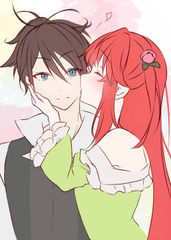 1boy 1girl absurdres bare_shoulders black_vest blue_eyes blush brown_hair closed_eyes closed_mouth couple dress flower frilled_sleeves frills green_dress hair_between_eyes hair_flower hair_ornament heart hetero highres kiss kissing_cheek long_hair long_sleeves off-shoulder_dress off_shoulder pink_flower rain_re_a re:zero_kara_hajimeru_isekai_seikatsu red_hair shirt theresia_van_astrea upper_body vest white_shirt wilhelm_(re:zero)