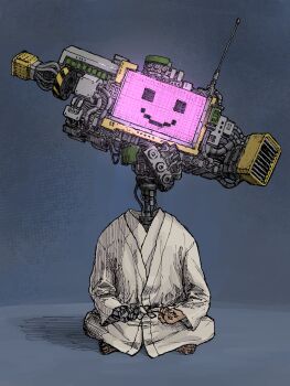 1boy absurdres barefoot cable commentary_request cyborg highres indian_style kamikairo legs_folded male_focus mechanical_arms mechanical_head meditation monk original radio_antenna robe sash science_fiction screen single_mechanical_arm sitting smiley_face solo white_robe