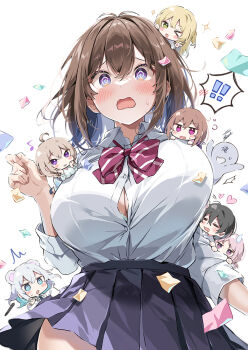 ! !! 1boy 6+girls :d ahoge animal_ears aqua_bra aqua_eyes bear_ears black_skirt blonde_hair blush bouncing_breasts bra bra_peek breasts brown_hair bursting_breasts chibi cleavage closed_eyes collared_shirt faceless faceless_male green_eyes grey_hair hair_between_eyes hawawa-chan&#039;s_friend_(sirokuma_shake) hawawa-chan&#039;s_mother_(sirokuma_shake) hawawa-chan&#039;s_sister_(sirokuma_shake) hawawa-chan_(sirokuma_shake) large_breasts long_sleeves multicolored_hair multiple_girls open_mouth original pleated_skirt popped_button purple_eyes purple_hair school_uniform shirt simple_background sirokuma_shake skirt smile standing sweatdrop two-tone_hair underwear upper_body wavy_mouth white_background white_shirt