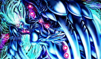 1girl absurdly_long_hair alien aqua_hair arm_spikes black_eyes blue_skin boss_fight breasts claws colored_skin extra_arms facial_mark floating_hair glowing glowing_hair glowing_markings horns large_breasts long_hair monster_girl multiple_horns navel no_nipples no_pussy phantasy_star phantasy_star_iv profound_darkness reaching reaching_towards_viewer ribs solo space spikes sushi_(sashimise) very_long_hair