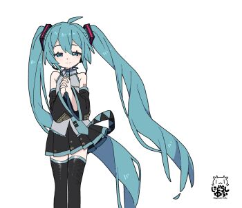 1girl ahoge artist_name bare_shoulders belt black_skirt black_thighhighs blue_eyes blue_hair blue_nails blue_necktie blush breast_pocket colored_eyebrows detached_sleeves grey_shirt hatsune_miku headset highres interlocked_fingers light_smile long_hair looking_at_viewer low_twintails miku_day necktie number_tattoo own_hands_together parted_bangs pleated_skirt pocket shirt signature single_sleeve_past_wrist skirt sleeveless sleeveless_shirt solo square_hair_ornament tattoo thighhighs tie_clip twintails two-tone_belt very_long_hair vocaloid white_background wide_sleeves yagidon zettai_ryouiki