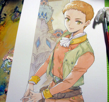 1girl agahari aircraft airship art_brush art_tools_in_frame ascot belt belt_pouch brown_belt brown_eyes brown_hair brown_pants buttons cannon commentary_request de_jessica_(velldeselba_senki) double-breasted green_vest looking_at_viewer open_clothes open_vest own_hands_together paintbrush painting_(medium) pants photo_(medium) pouch red_shirt shirt short_hair sleeve_cuffs solo tomboy traditional_media upper_body velldeselba_senki very_short_hair vest white_ascot