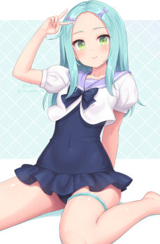 1girl arm_up blue_eyes blue_one-piece_swimsuit breasts casual_one-piece_swimsuit closed_mouth collarbone commentary_request covered_navel green_eyes hair_ornament hairclip highres jewelry long_hair looking_at_viewer one-piece_swimsuit original puffy_short_sleeves puffy_sleeves purple_sailor_collar sailor_collar sasaame shirt short_sleeves sitting small_breasts smile solo swimsuit thighlet v wariza white_shirt x_hair_ornament