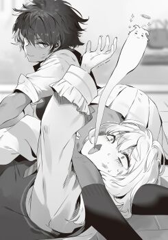 :3 ^_^ asphyxiation between_thighs blurry breasts closed_eyes closed_mouth collared_shirt constricted_pupils enju_yuyuko ghost giving_up_the_ghost hair_between_eyes halo head_between_knees head_between_thighs highres indoors itan_na_karera_no_kimitsu_kyoshitsu large_breasts lips long_sleeves lying miniskirt monochrome multiple_girls nauribon non-web_source novel_illustration official_art on_back on_side open_mouth outstretched_arm pleated_skirt school_uniform scissorhold shinshi_ibuki shirt short_hair skirt sleeves_rolled_up smile socks spread_fingers squeezing sweat tareme thighs trembling tsurime turn_pale v-shaped_eyebrows vest wavy_hair