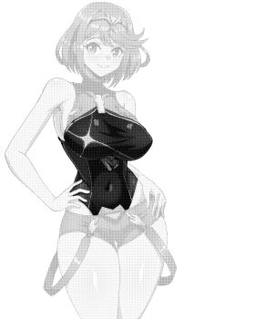 Rule 34 | 1girl, black one-piece swimsuit, bob cut, breasts, chest jewel, commentary, competition swimsuit, core crystal (xenoblade), covered collarbone, cowboy shot, hands on own hips, headpiece, highres, impossible clothes, large breasts, limited palette, looking at viewer, medium hair, meme, monochrome, one-piece swimsuit, pinstripe one-piece swimsuit, pyra (pro swimmer) (xenoblade), pyra (xenoblade), ribbed swimsuit, shorts, smile, solo, strapless, strapless one-piece swimsuit, swept bangs, swimsuit, tap me (meme), tiara, white background, xenoblade chronicles (series), xenoblade chronicles 2, zuchysdraws