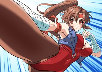 1girl breakers breasts brown_eyes brown_hair brown_pantyhose commentary_request covered_navel hairband hand_wraps highleg highleg_leotard highres kicking large_breasts leotard long_hair pantyhose ponytail red_hairband red_leotard sleeveless sleeveless_jacket solo strapless strapless_leotard tia_langray yuuyuu_(3jjbn)