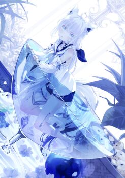 1girl 54hao ahoge all_fours animal_ear_fluff animal_ears bare_shoulders barefoot black_shorts blue_eyes checkerboard_cookie commentary cookie cup day detached_sleeves dutch_angle food fox_ears fox_girl fox_tail hair_between_eyes highres hololive hood hood_down in_container in_cup long_hair long_sleeves looking_at_viewer mini_person minigirl parted_lips shirakami_fubuki shirakami_fubuki_(1st_costume) short_shorts shorts solo sunlight tail very_long_hair virtual_youtuber white_hair white_sleeves wide_sleeves