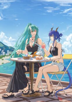 Rule 34 | 2girls, absurdres, arknights, bare shoulders, bikini, black bikini, blue hair, bracelet, breasts, cake, ch'en (arknights), ch'en (summer) (arknights), chinese commentary, cleavage, cloud, cocktail glass, commentary request, crossed legs, cup, dao tang hunhewu, day, dragon girl, dragon horns, dragon tail, drinking glass, food, full body, green hair, hair between eyes, highres, holding, holding cup, horns, hoshiguma (arknights), hoshiguma (summer) (arknights), ice cream, jewelry, large breasts, long hair, looking at another, multiple girls, navel, necklace, ocean, official alternate costume, outdoors, ponytail, red eyes, sandals, short shorts, shorts, sidelocks, single horn, sitting, skin-covered horns, sky, smile, summer, swimsuit, table, tail, very long hair, yellow eyes