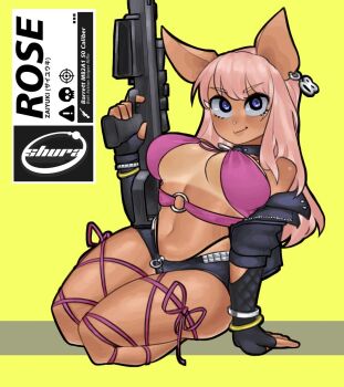 1girl animal_ears anti-materiel_rifle barrett_m82 black_choker black_gloves black_jacket black_shorts blue_eyes bracelet breasts choker ear_piercing fingerless_gloves full_body gloves gun highres holding holding_gun holding_weapon jacket jewelry large_breasts long_hair looking_at_viewer micro_shorts off_shoulder piercing pig_ears pig_girl pig_nose pink_hair rayschera rifle rose_(zaiyuki) shorts smile sniper_rifle solo tan tanline underboob weapon zaiyuki zipper_shorts