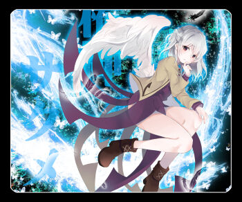 1girl artist_request bare_legs black_border boots border braid bug butterfly character_name closed_mouth ears feathered_wings feathers fingernails half_up_braid hand_on_own_knee hand_to_own_mouth highres insect jacket japanese_text kishin_sagume knees knees_up legs long_sleeves mousepad_(medium) no_panties open_clothes open_jacket ponta_(wwtaimeww) red_eyes single_wing skirt solo thighs touhou white_hair white_wings wings