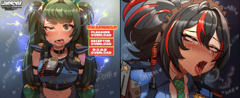 2girls absurdres ahegao android black_hair english_text fucked_silly green_eyes green_hair hair_between_eyes hair_ornament highres implied_sex lewdrover long_hair mind_break multicolored_hair multiple_girls qingyi_(zenless_zone_zero) red_hair robot_girl sphere_hair_ornament streaked_hair through_wall tongue tongue_out zenless_zone_zero zhu_yuan