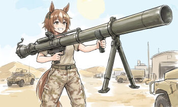 1girl animal_ears belt bow brown_eyes brown_hair brown_shirt camouflage camouflage_pants character_request commentary_request desert desert_camouflage ear_ribbon feet_out_of_frame finger_on_trigger green_belt grin hair_between_eyes holding holding_rocket_launcher holding_weapon horse_ears horse_girl horse_tail humvee kisaragi_shokuin m40_recoilless_rifle military_fatigues military_uniform motor_vehicle pants rocket_launcher shirt short_hair short_sleeves smile solo tail truck umamusume weapon