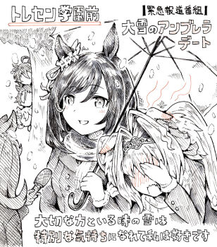 Rule 34 | 6+girls, agnes tachyon (umamusume), ahoge, alternate costume, animal ears, blush, character request, commentary request, covered face, covering face, daiwa scarlet (umamusume), eishin flash (umamusume), embarrassed, facepalm, garyuu ryuuga, greyscale, hair between eyes, highres, holding, holding microphone, holding umbrella, horse ears, horse girl, interview, long hair, long sleeves, meme, microphone, monochrome, multiple girls, open mouth, scarf, shared umbrella, short hair, side-by-side, smart falcon (umamusume), snow, snowing, special feeling (meme), subtitled, tiara, translation request, twintails, umamusume, umbrella, vodka (umamusume), yuri